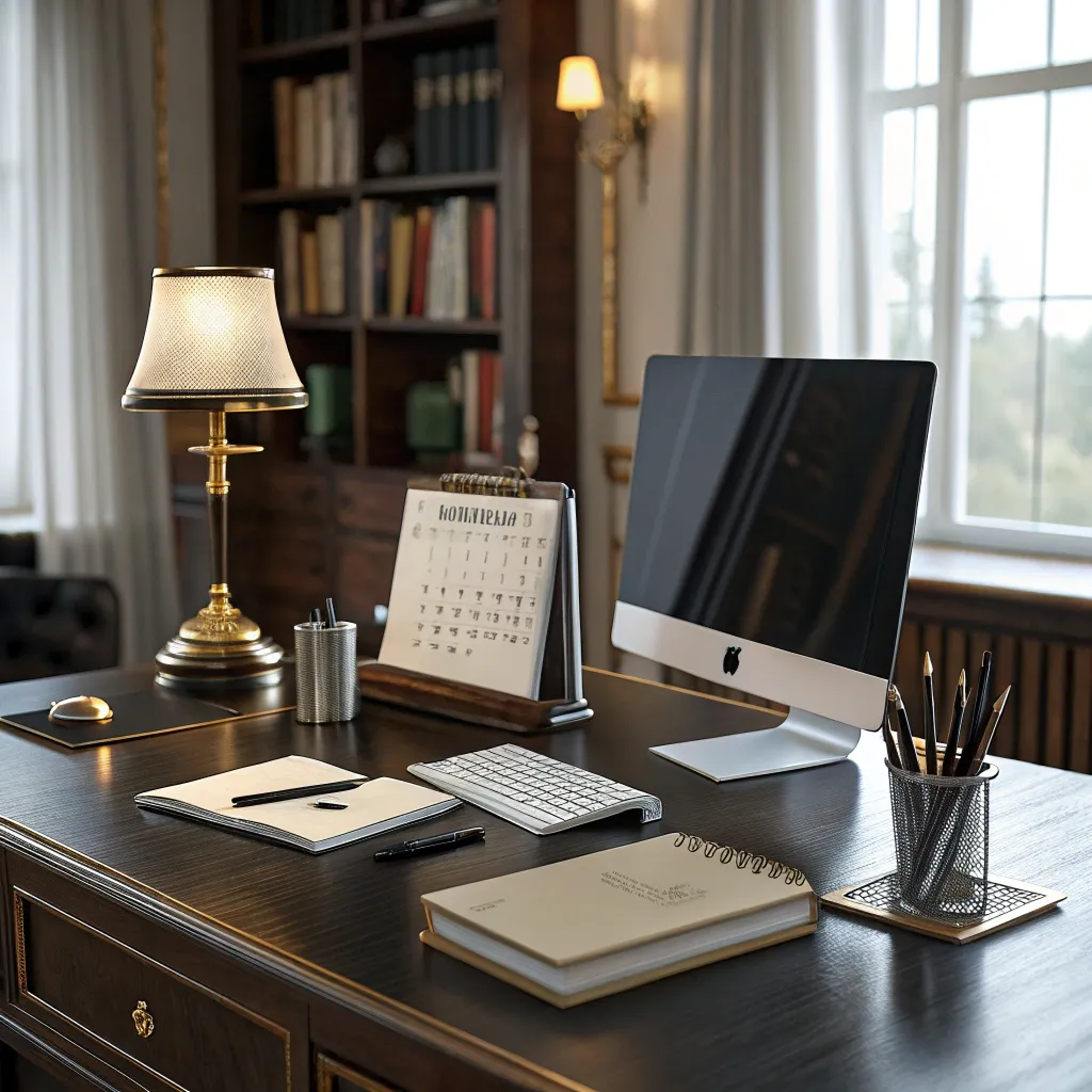 Professional setting with desk, computer and office supplies
