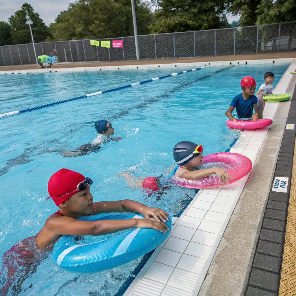 Children engaging in a swimming class at the pool